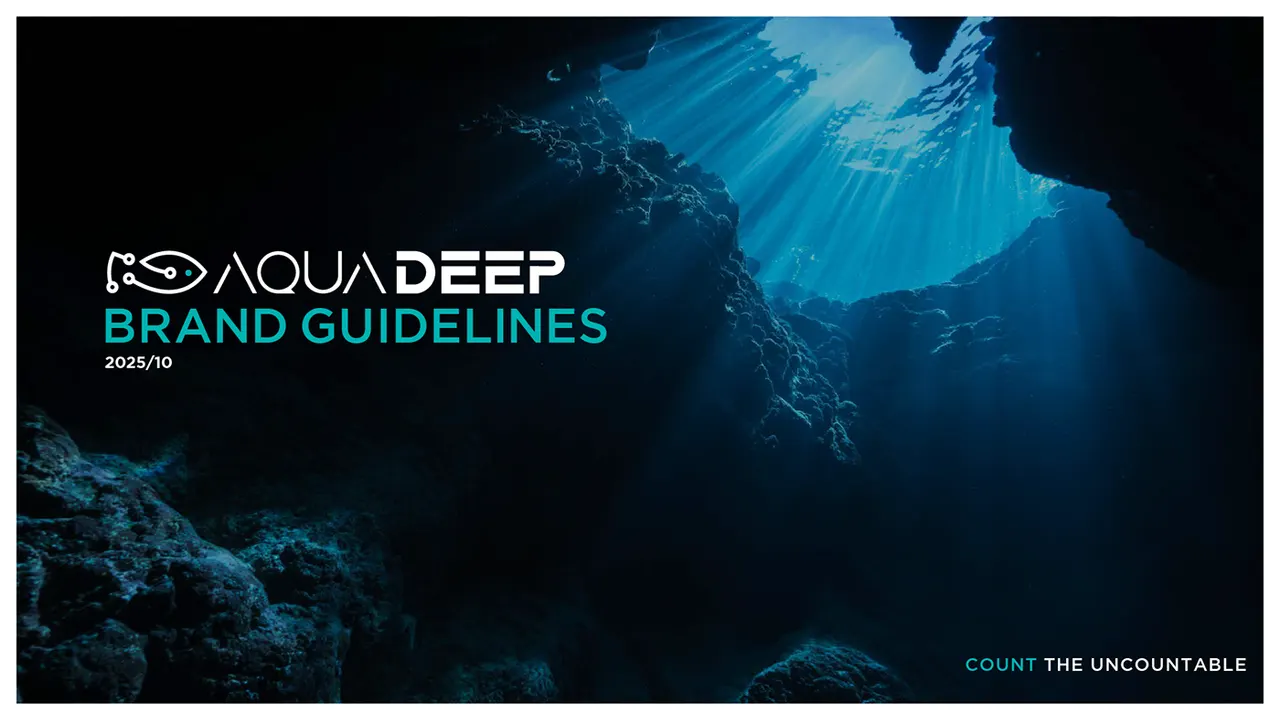 Cover of the Aquadeep brand guidelines over an underwater cave photo