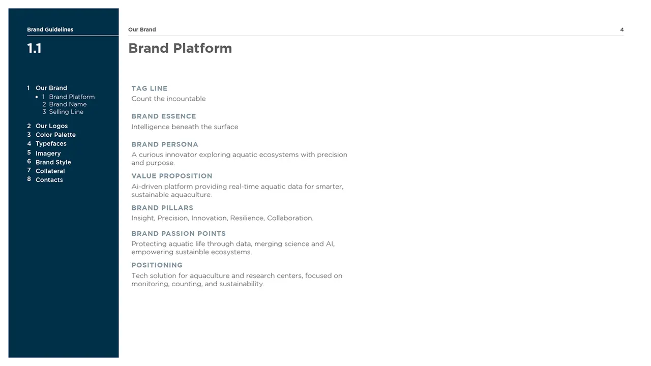 Guidelines page: Aquadeep brand platform, with promise, personality and values