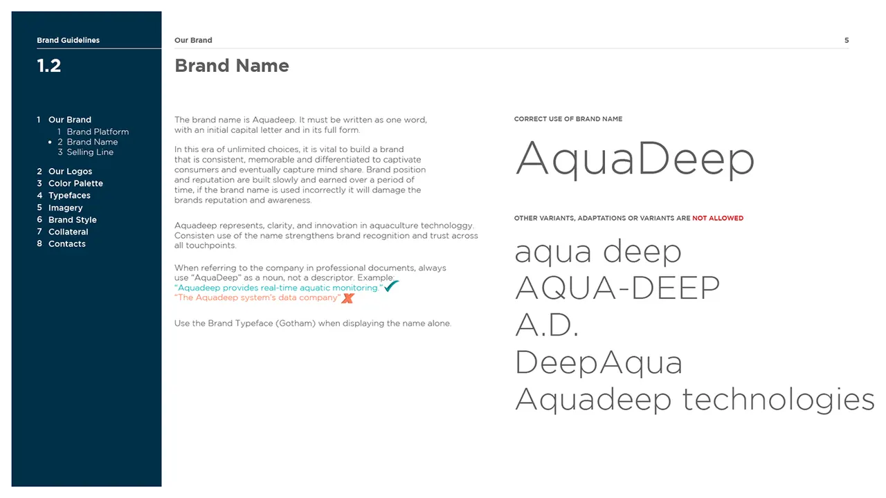 Guidelines page: approved ways to write the Aquadeep name