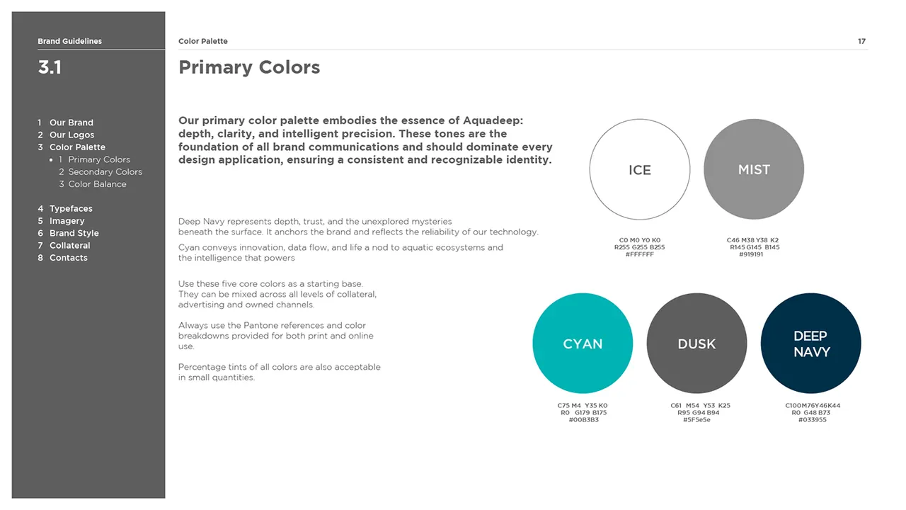 Primary colour swatches: ice, mist, cyan, dusk and deep navy