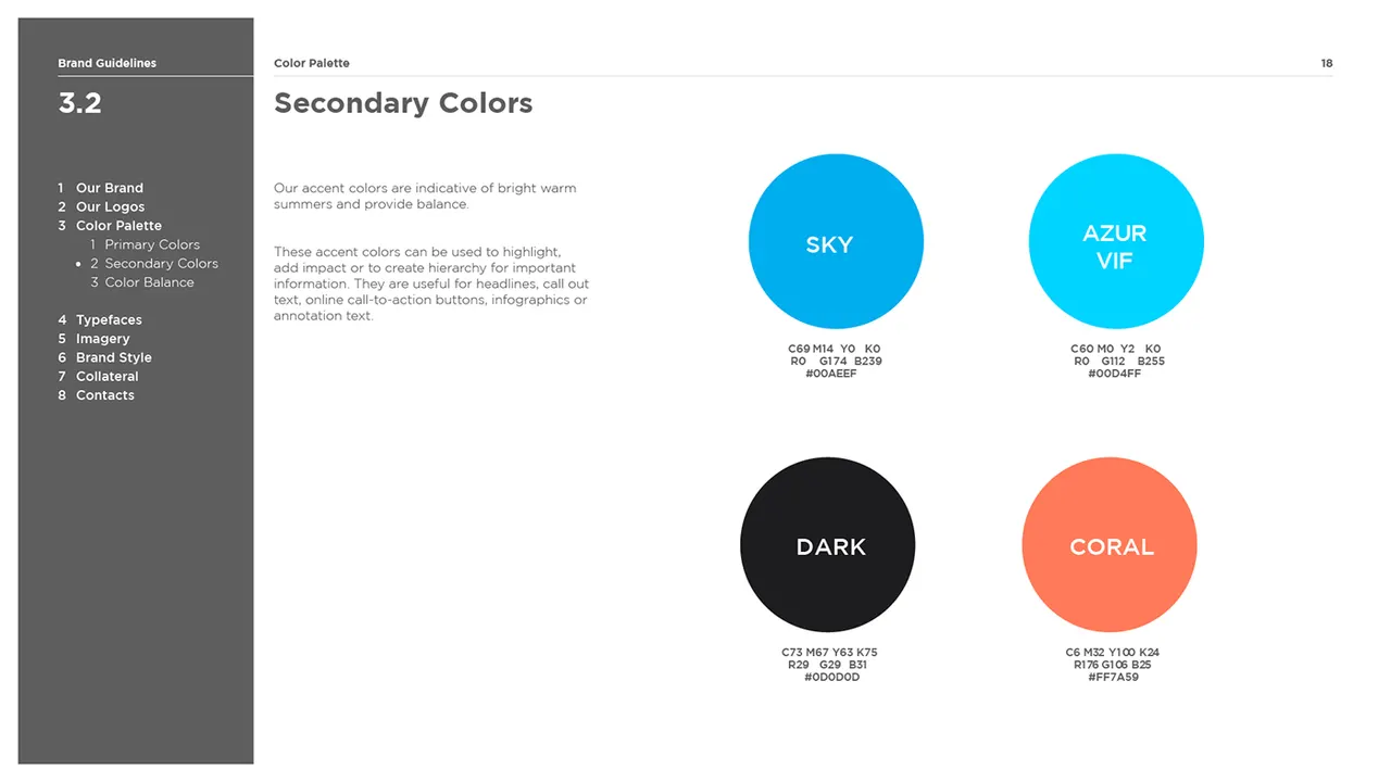 Secondary colour swatches: sky, azure, dark and coral
