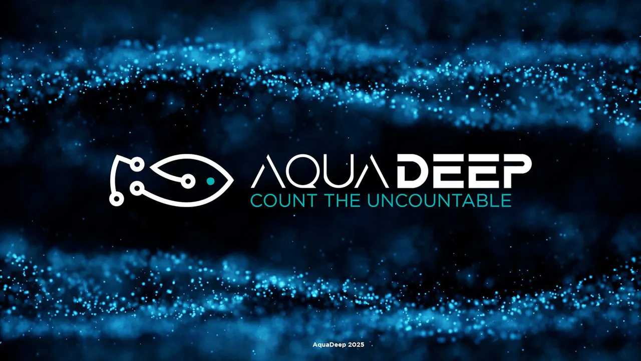 Aquadeep logo and selling line on a dark blue particle background