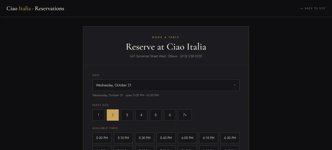 Reservation page on desktop: date, party size 2 selected, and 15-minute time slots from 5:00 to 8:30 PM