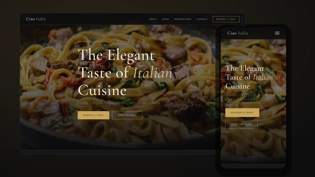 Ciao Italia website shown on a desktop screen and a phone: dark pasta photo with the gold and white headline The Elegant Taste of Italian Cuisine