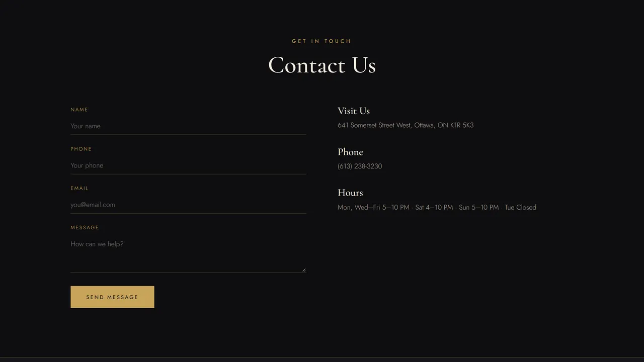 Contact section with the form, the Somerset Street address, phone number and opening hours