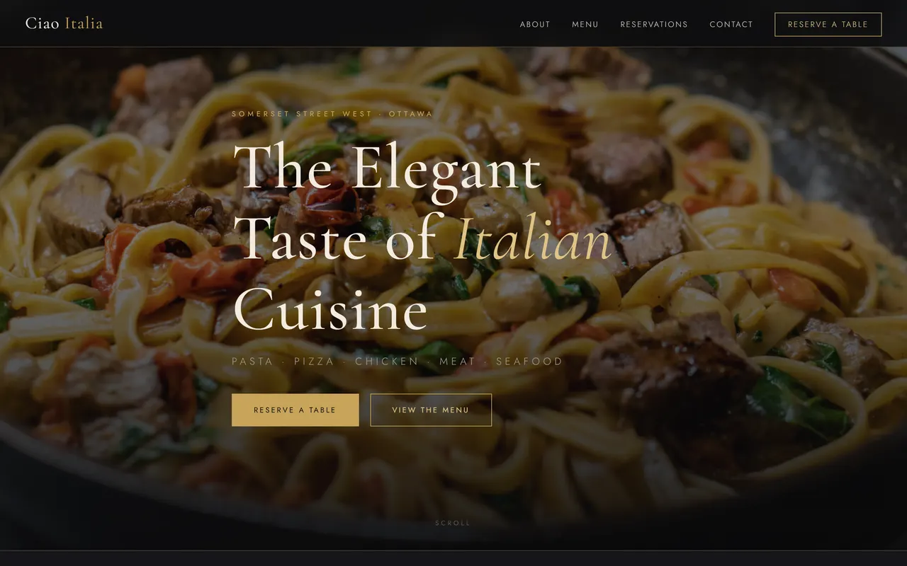 Ciao Italia home page on desktop: gold and white serif headline over a dark pasta photo, with Reserve a table and View the menu buttons