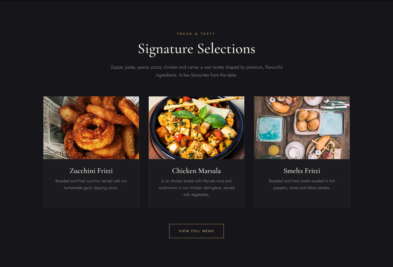 Signature Selections section with Zucchini Fritti, Chicken Marsala and Smelts Fritti