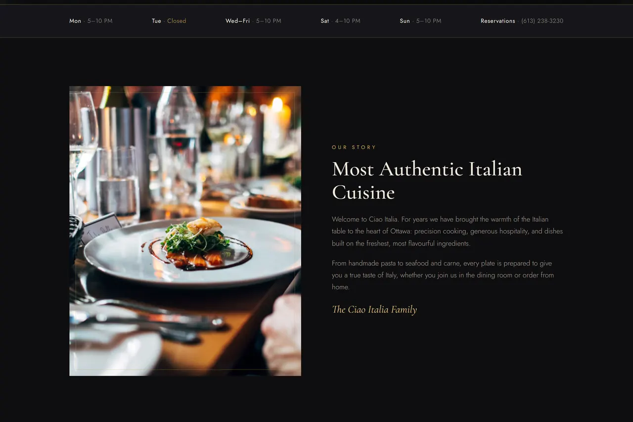Opening-hours bar above the Our Story section, with a plated dish photo and the heading Most Authentic Italian Cuisine