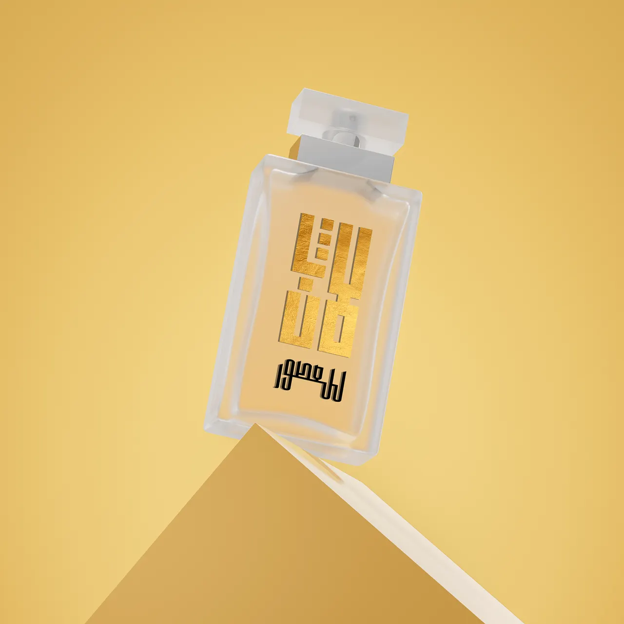 Clear glass Lafen bottle with gold logo on a yellow geometric stand