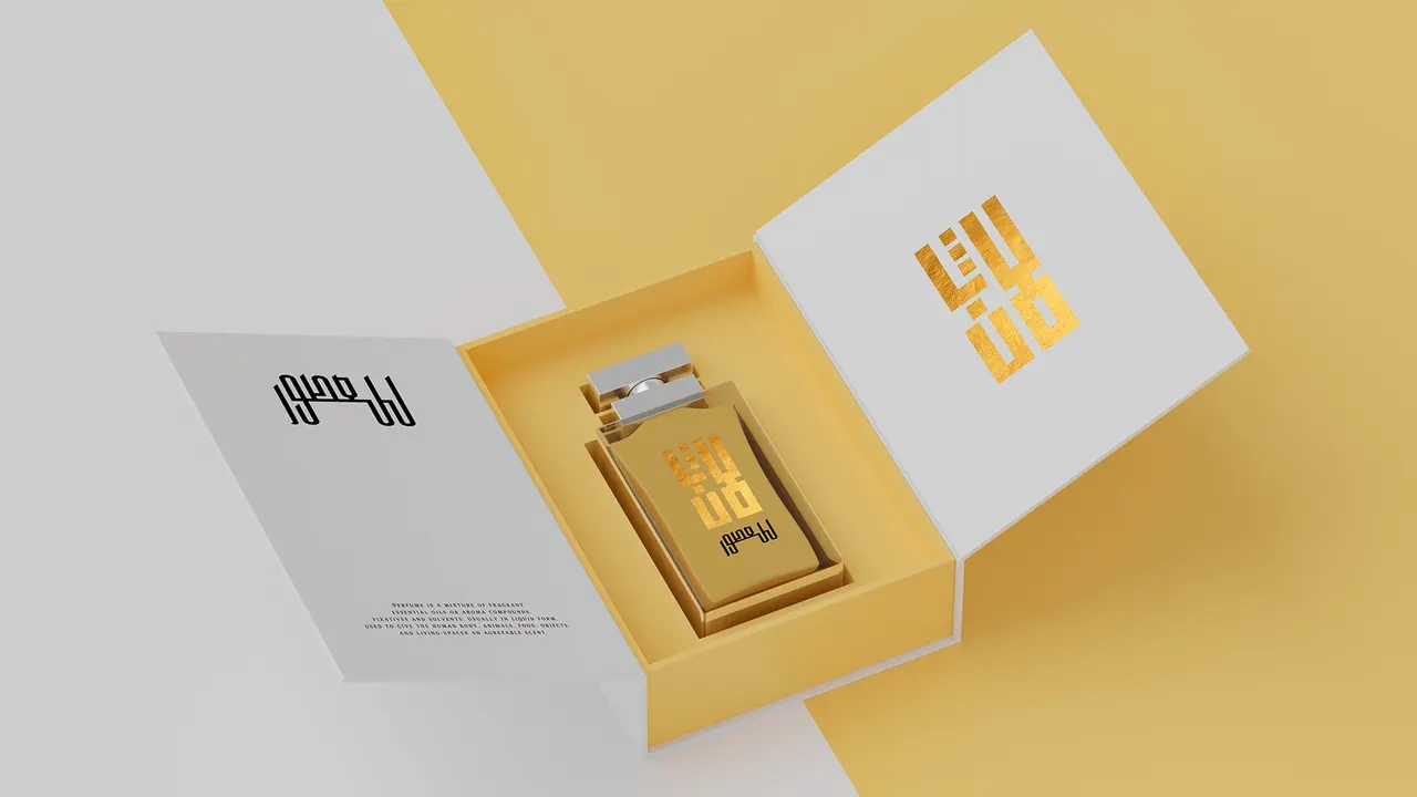 Open cream gift box holding a clear Lafen perfume bottle