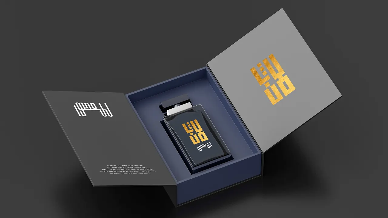 Open grey and navy gift box holding a black Lafen bottle