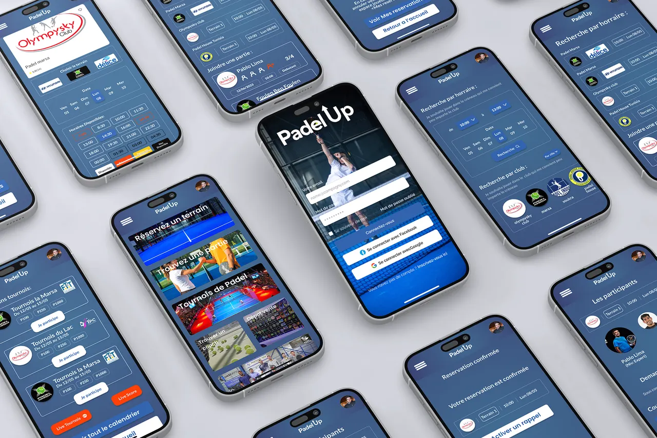 Padel Up app screens for login, court search and tournaments on several phones