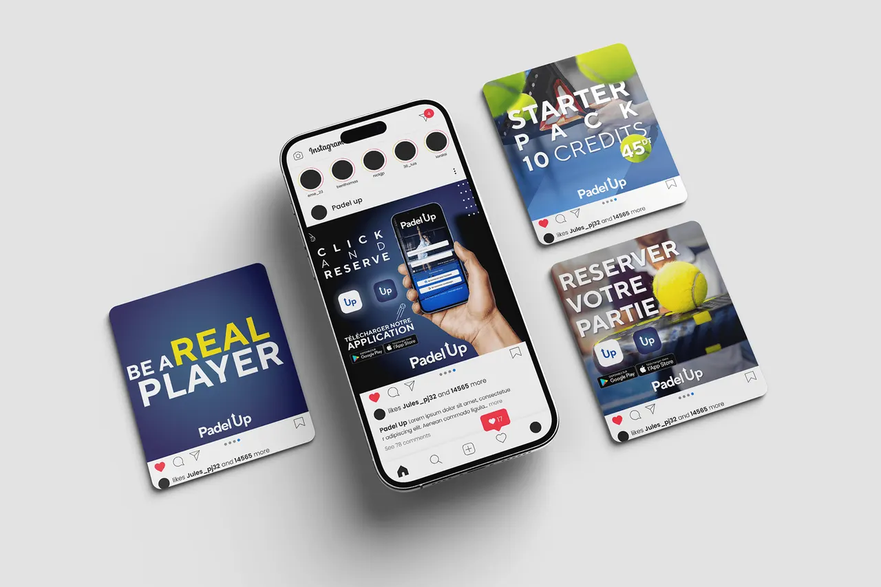 Phone with the Padel Up Instagram feed next to three launch posts in French