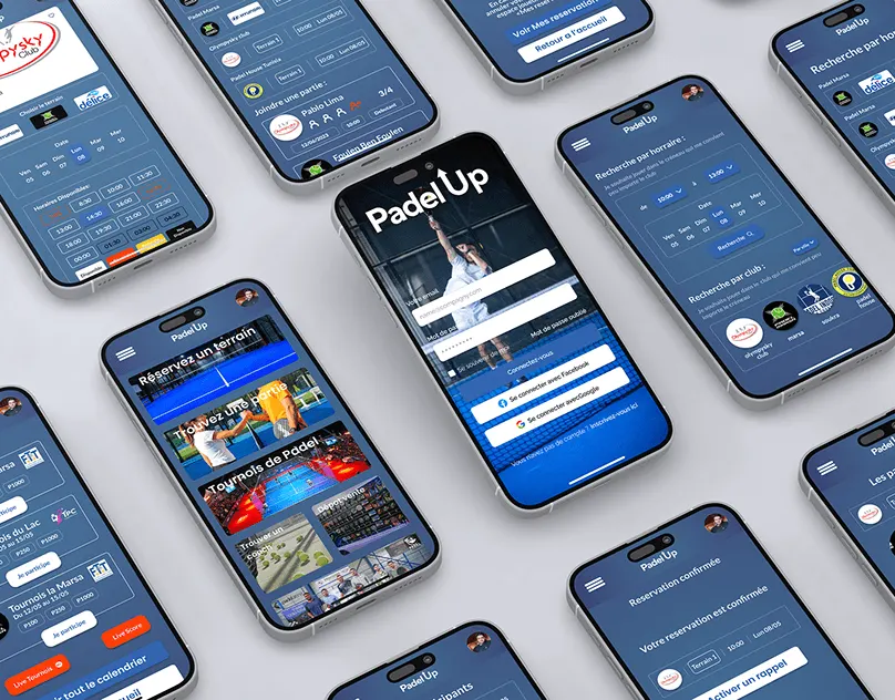 Rows of phones showing the blue Padel Up booking app