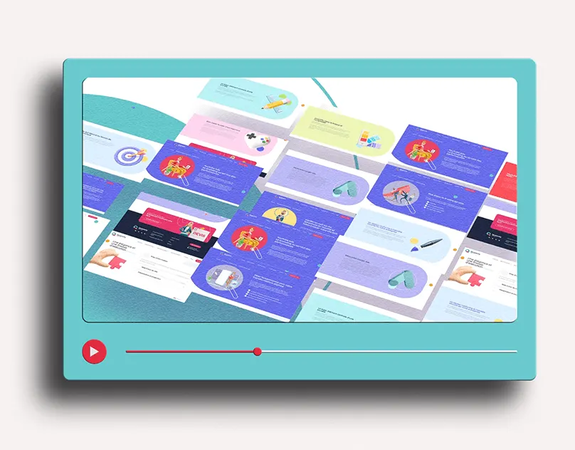 Still from the Quantify launch video: colourful website page cards on a teal screen