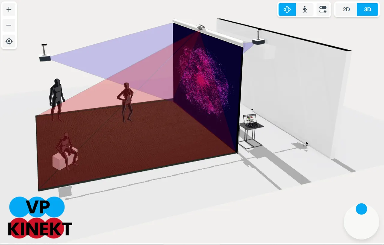 3D model of the installation room showing the projector, the screen and the visitor zone